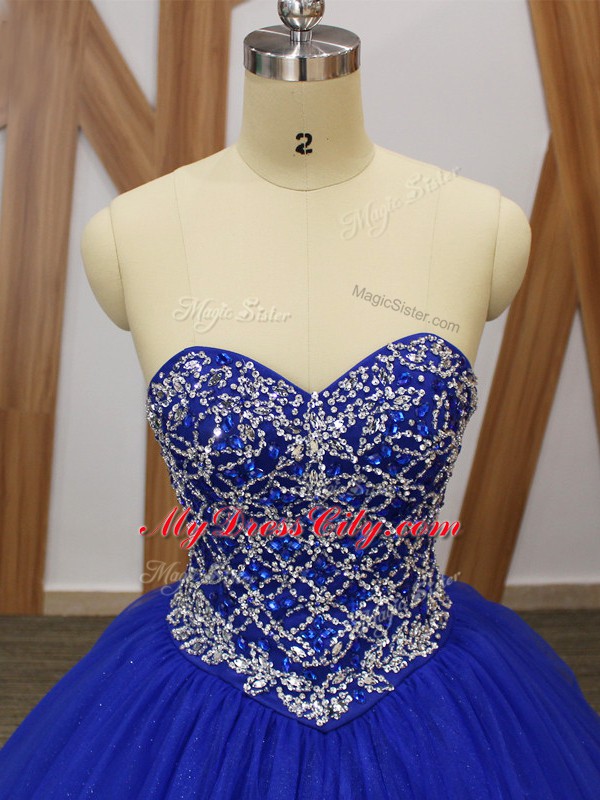 Comfortable Sleeveless Floor Length Beading Lace Up 15th Birthday Dress with Royal Blue