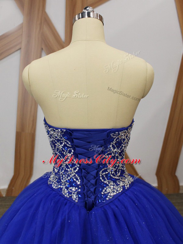 Comfortable Sleeveless Floor Length Beading Lace Up 15th Birthday Dress with Royal Blue