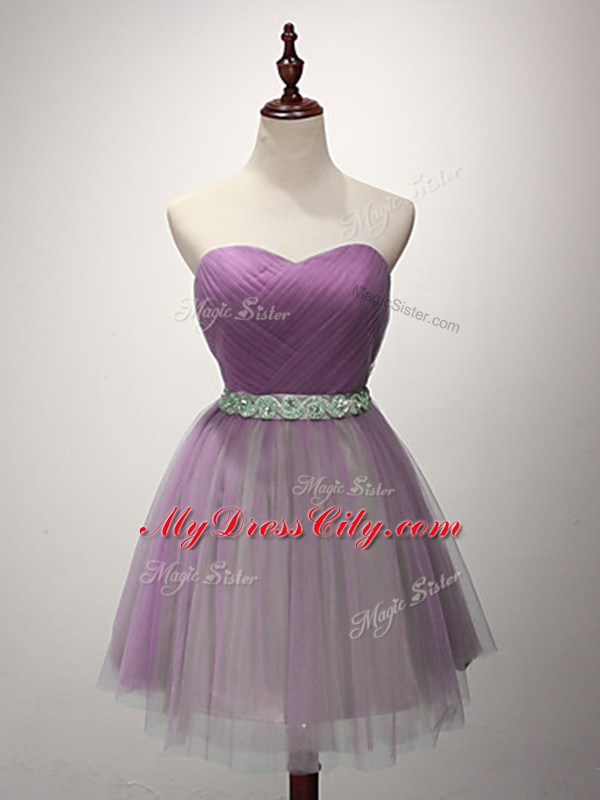 Lilac Lace Up Bridesmaid Dress Ruching Sleeveless Mini Length