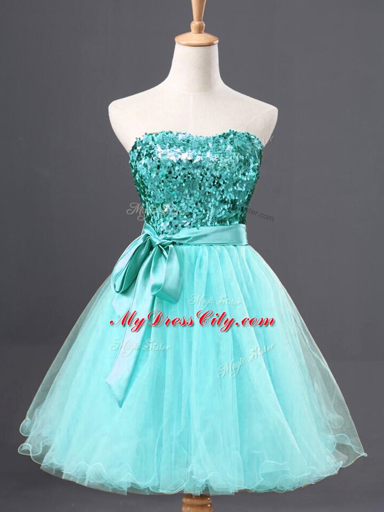 Aqua Blue Tulle Zipper Dress for Prom Sleeveless Mini Length Sequins