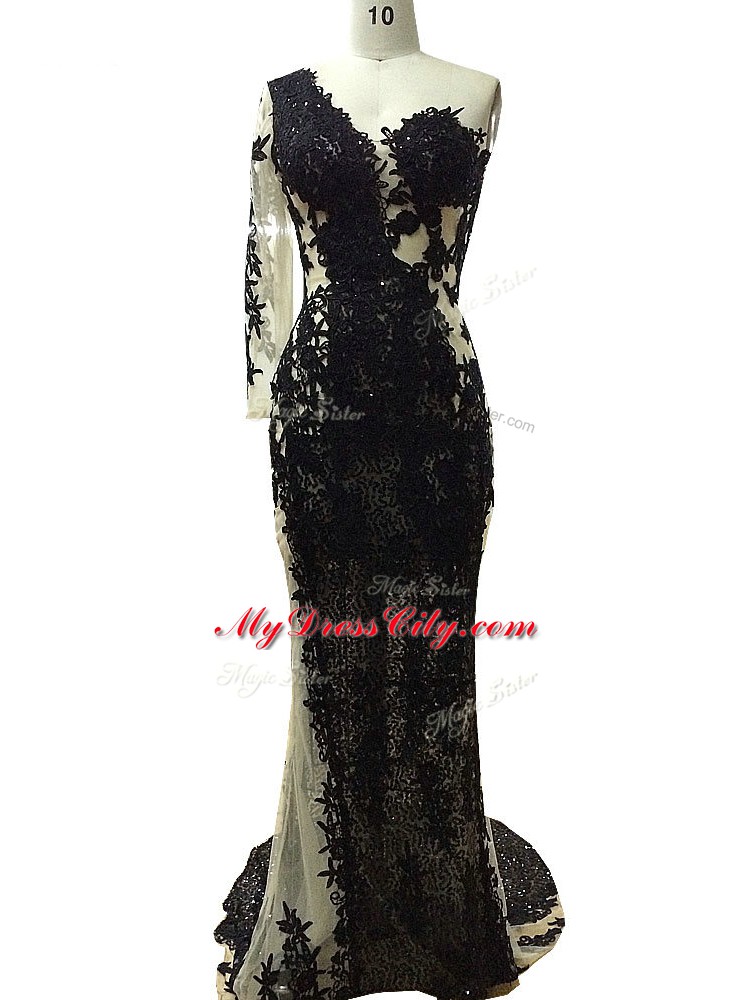 Black Column/Sheath Tulle One Shoulder Long Sleeves Beading and Appliques Floor Length Side Zipper Prom Dress