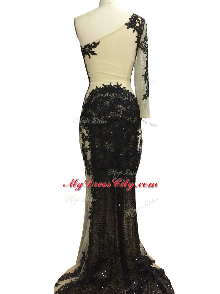 Black Column/Sheath Tulle One Shoulder Long Sleeves Beading and Appliques Floor Length Side Zipper Prom Dress