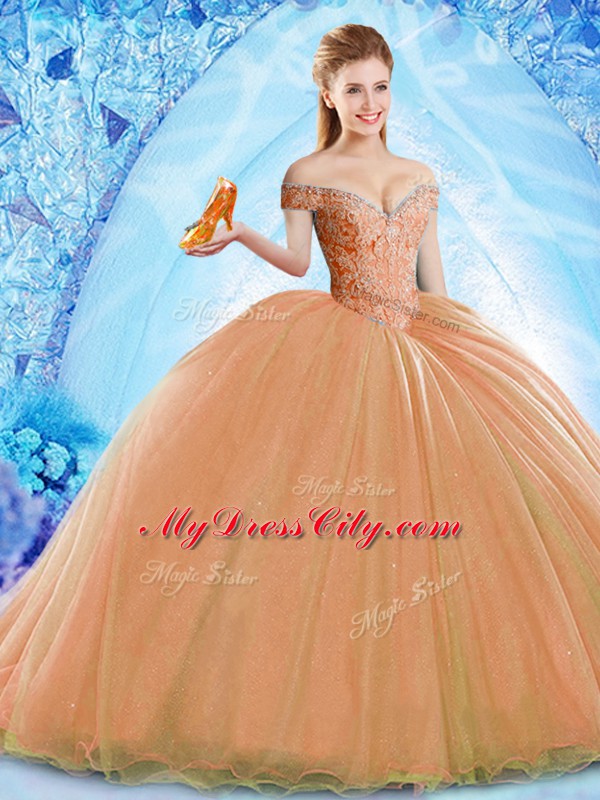 Ball Gowns Sleeveless Orange 15 Quinceanera Dress Brush Train Lace Up