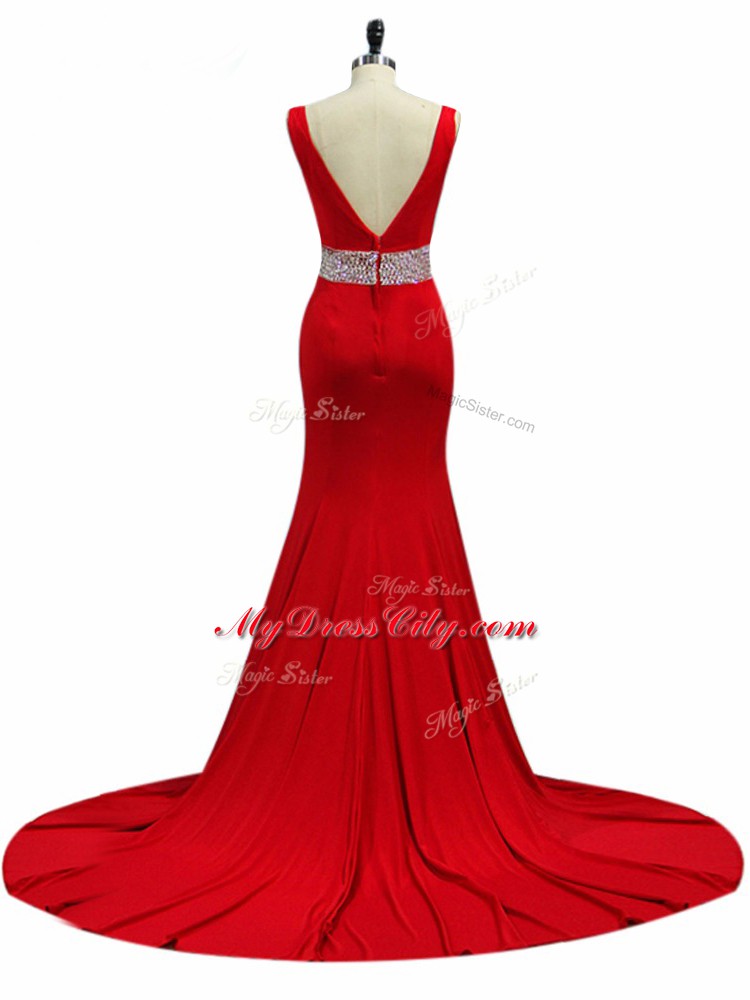 Wine Red Zipper Celebrity Prom Dress Beading Sleeveless Brush Train