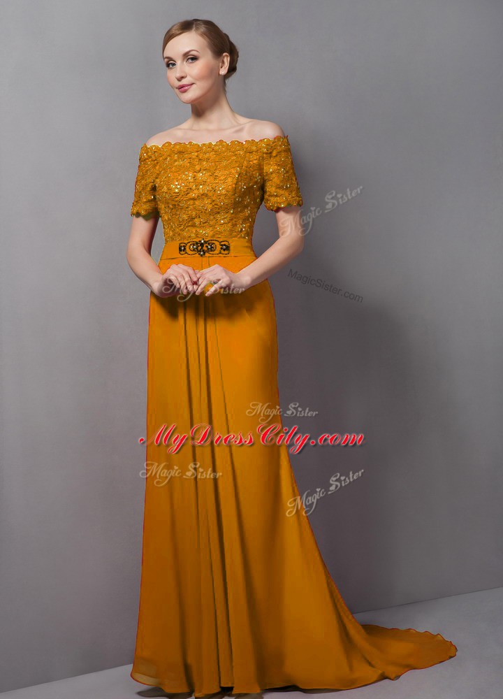 Chiffon Off The Shoulder Short Sleeves Sweep Train Zipper Lace Mother of the Bride Dress in Gold