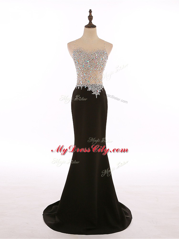 Black Formal Evening Gowns Chiffon Brush Train Sleeveless Beading