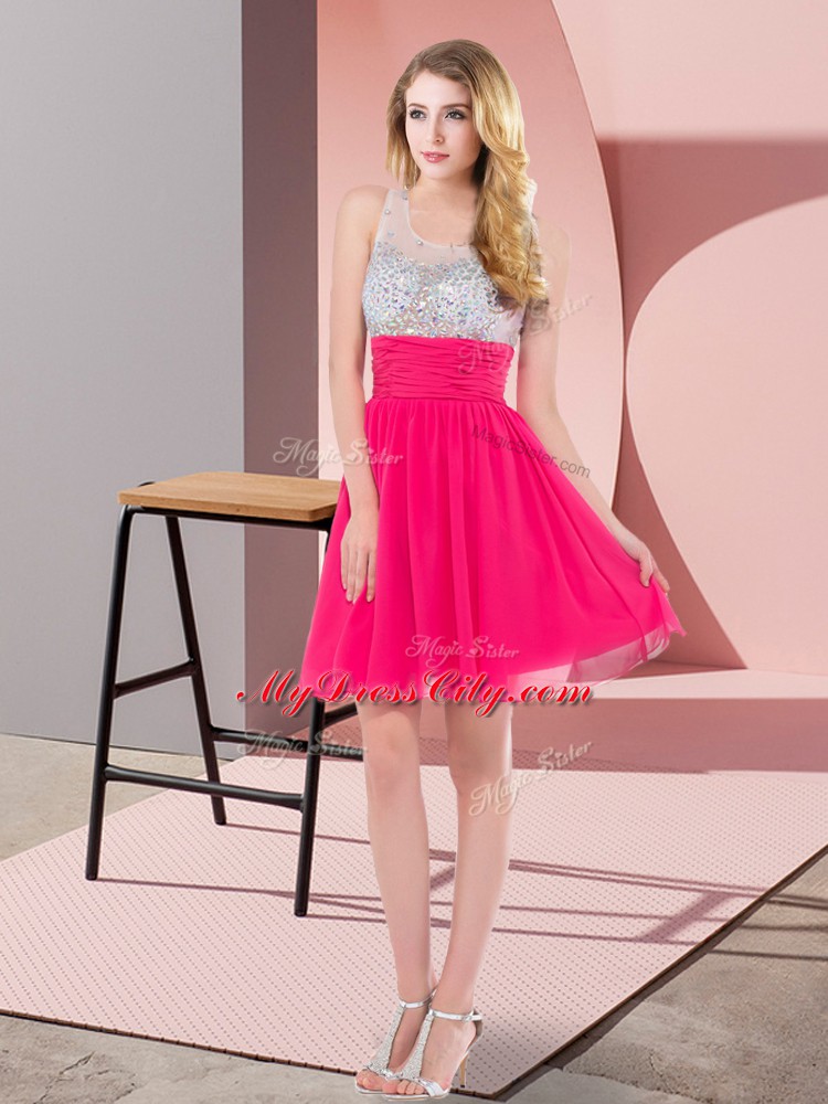 Hot Pink Empire Scoop Sleeveless Chiffon Mini Length Side Zipper Sequins Prom Party Dress