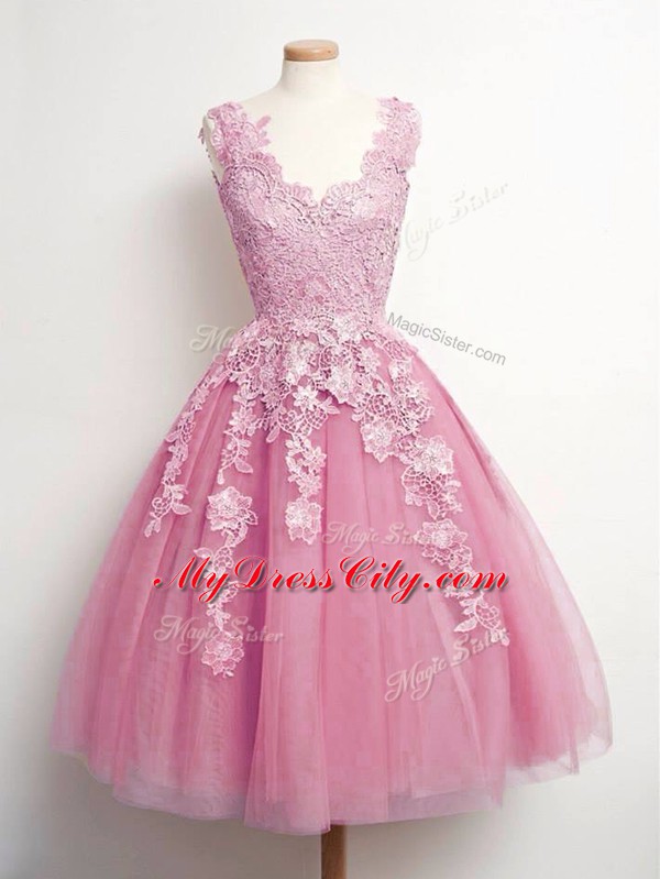 Sweet Pink Sleeveless Tulle Lace Up Damas Dress for Prom and Party and Wedding Party