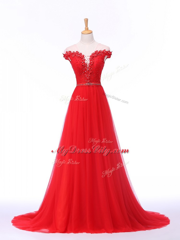 Flare Red Evening Outfits Tulle Brush Train Sleeveless Lace and Appliques