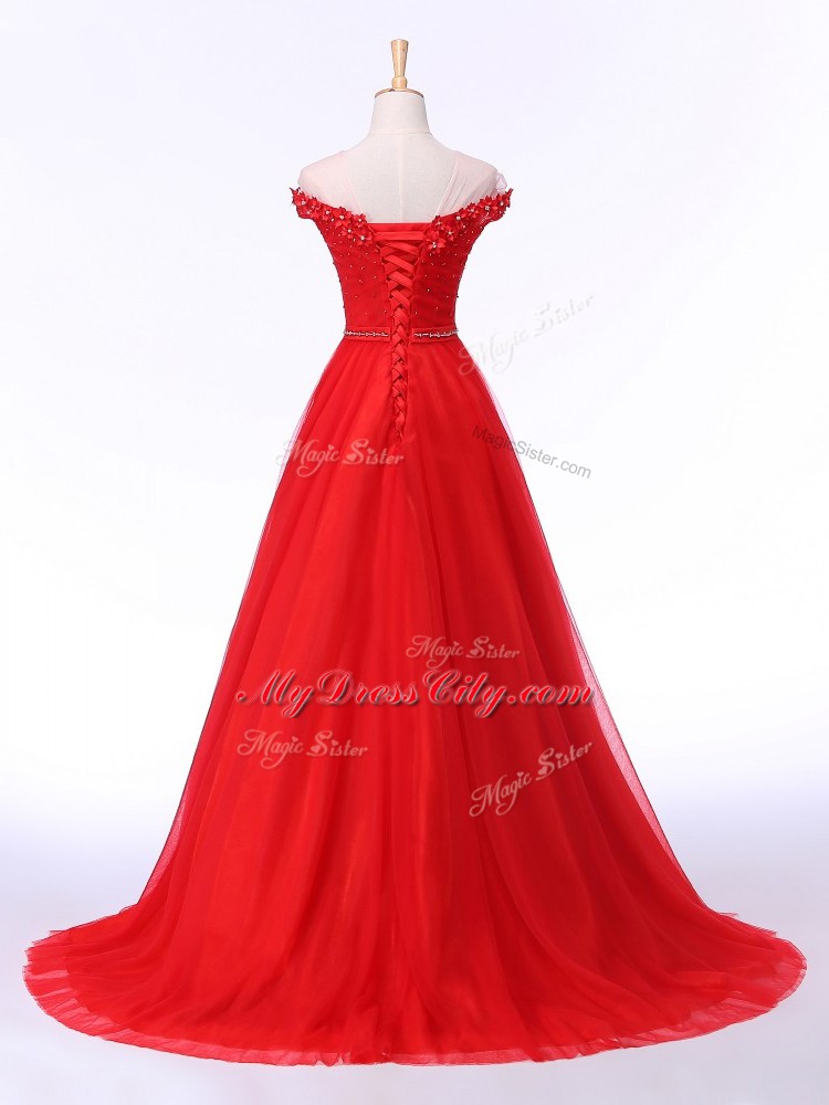 Flare Red Evening Outfits Tulle Brush Train Sleeveless Lace and Appliques