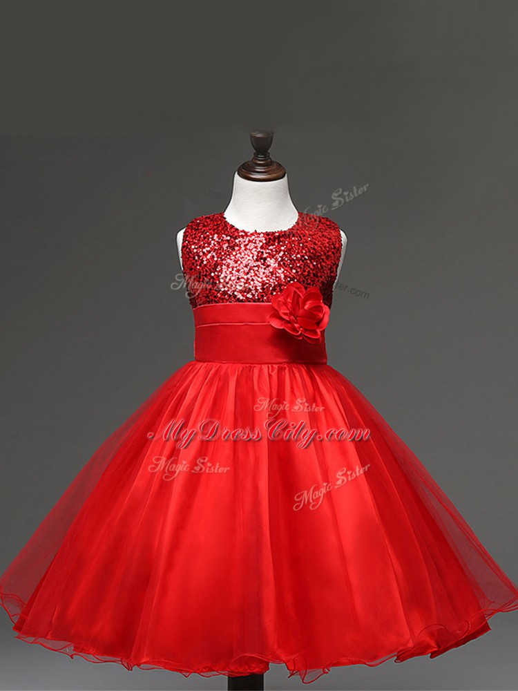 Noble Red Zipper Scoop Sequins and Hand Made Flower Flower Girl Dresses Tulle Sleeveless