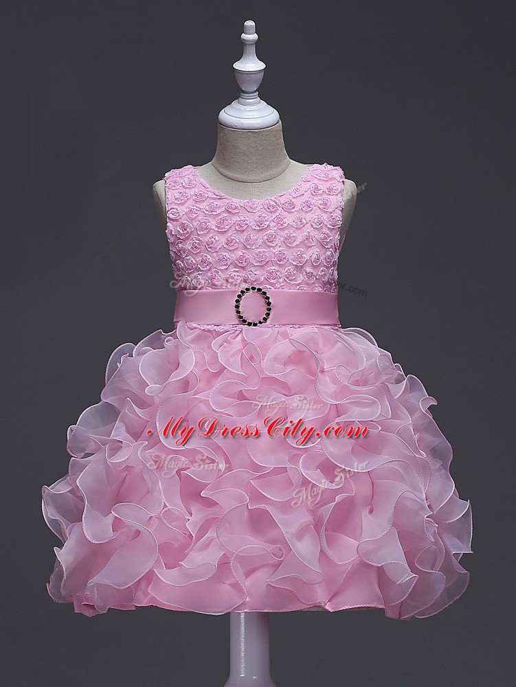 Knee Length Rose Pink Child Pageant Dress Scoop Sleeveless Lace Up