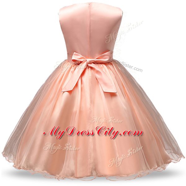 Organza and Sequined Sleeveless Knee Length Flower Girl Dresses and Bowknot and Belt and Hand Made Flower