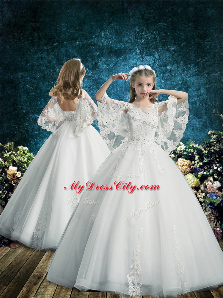 Amazing Lace Flower Girl Dress White Lace Up Half Sleeves Floor Length