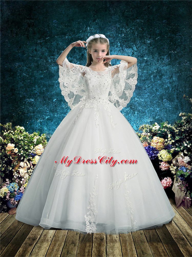 Amazing Lace Flower Girl Dress White Lace Up Half Sleeves Floor Length