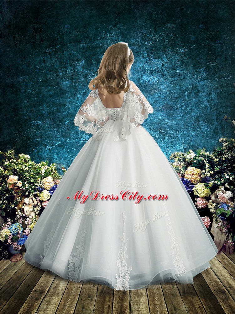 Amazing Lace Flower Girl Dress White Lace Up Half Sleeves Floor Length