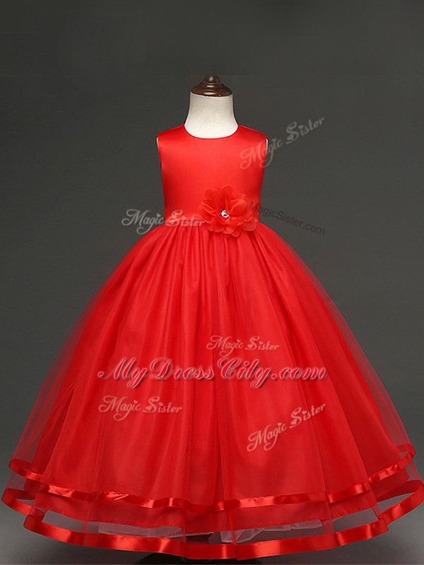 Ball Gowns Little Girls Pageant Dress Red Scoop Tulle Sleeveless Floor Length Zipper