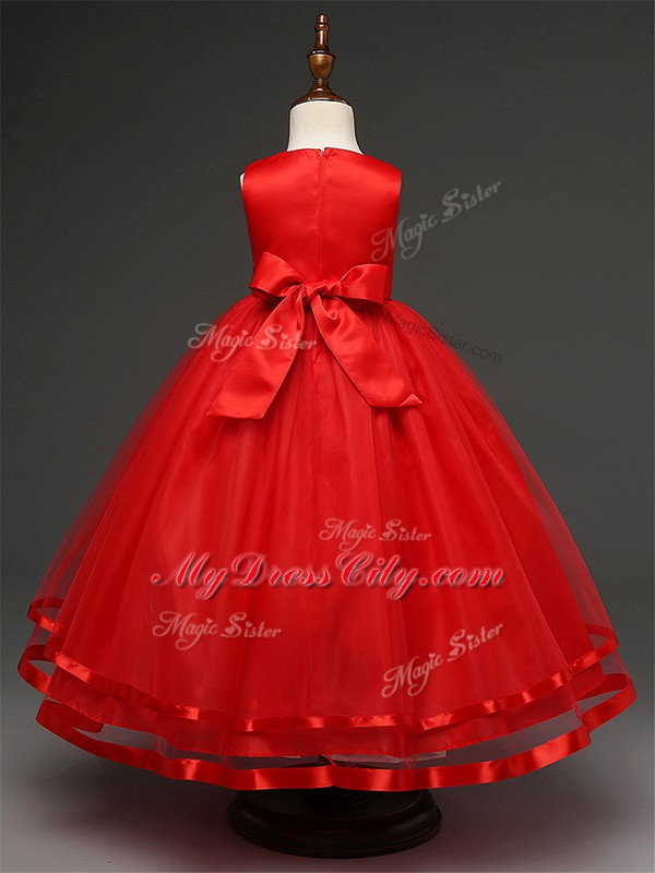 Ball Gowns Little Girls Pageant Dress Red Scoop Tulle Sleeveless Floor Length Zipper