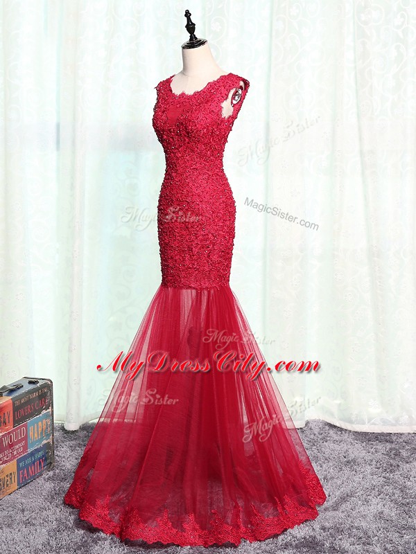 High Quality Red Mermaid Scoop Sleeveless Tulle Floor Length Zipper Lace and Appliques Mother of Bride Dresses