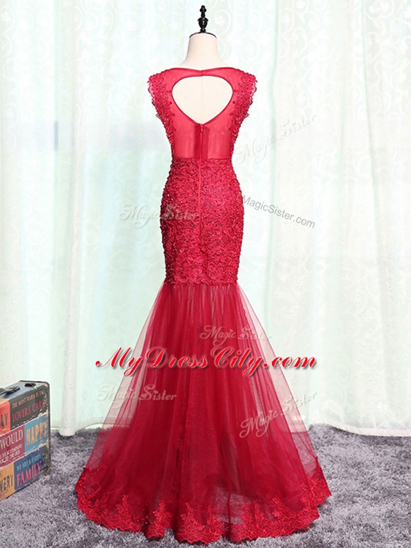 High Quality Red Mermaid Scoop Sleeveless Tulle Floor Length Zipper Lace and Appliques Mother of Bride Dresses