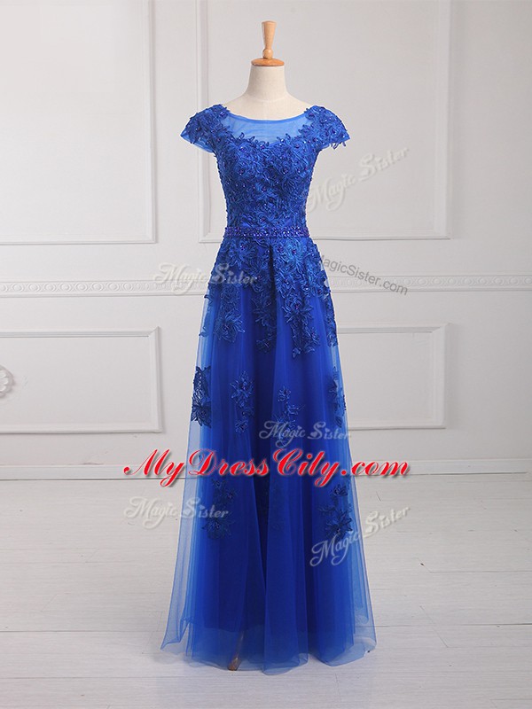 Simple Royal Blue Dress for Prom Prom and Military Ball and Sweet 16 with Beading and Lace and Appliques Scoop Short Sleeves Lace Up