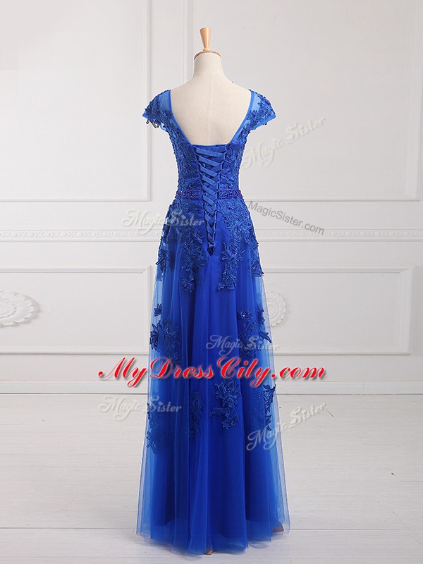 Simple Royal Blue Dress for Prom Prom and Military Ball and Sweet 16 with Beading and Lace and Appliques Scoop Short Sleeves Lace Up