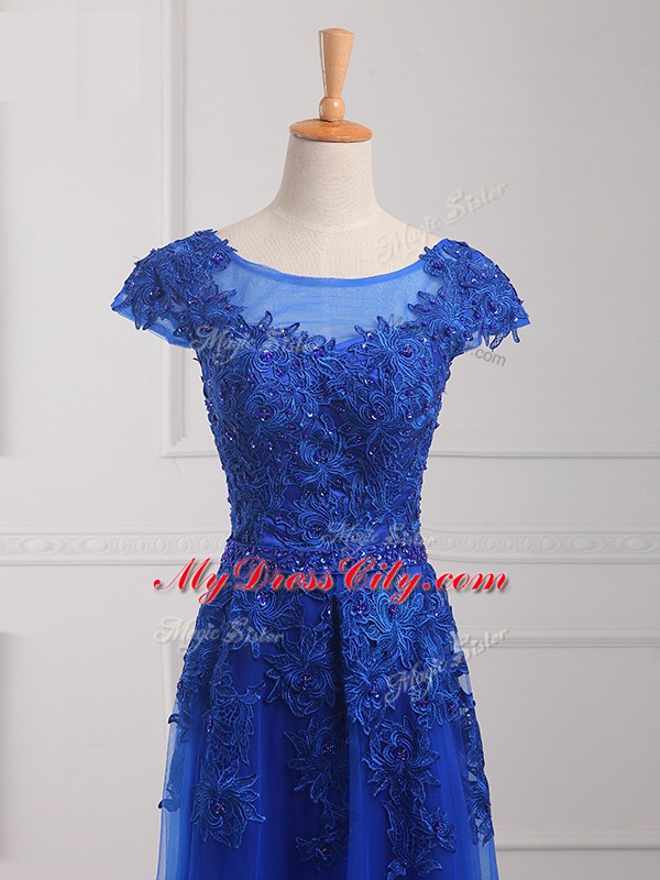 Simple Royal Blue Dress for Prom Prom and Military Ball and Sweet 16 with Beading and Lace and Appliques Scoop Short Sleeves Lace Up