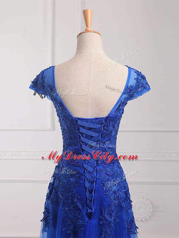 Simple Royal Blue Dress for Prom Prom and Military Ball and Sweet 16 with Beading and Lace and Appliques Scoop Short Sleeves Lace Up