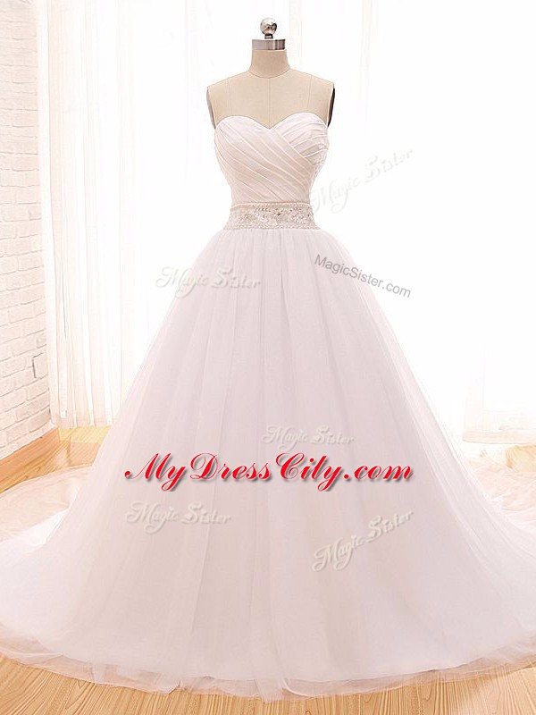 Traditional White Clasp Handle Wedding Dresses Beading and Ruching Sleeveless