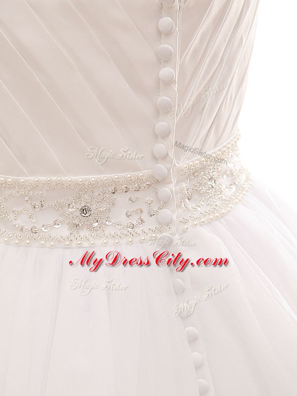 Traditional White Clasp Handle Wedding Dresses Beading and Ruching Sleeveless