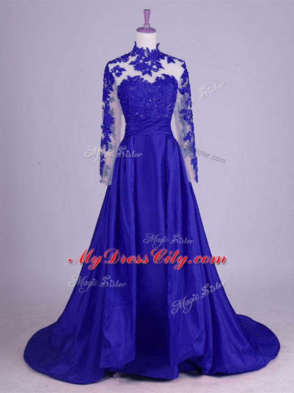 Royal Blue Lace Up High-neck Lace and Appliques Mother of Groom Dress Taffeta Sleeveless Brush Train