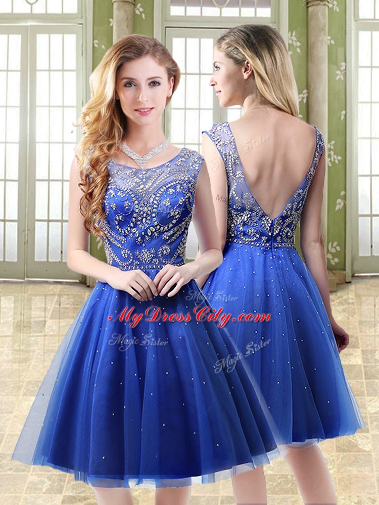 Beautiful Beading Royal Blue Backless Sleeveless Mini Length