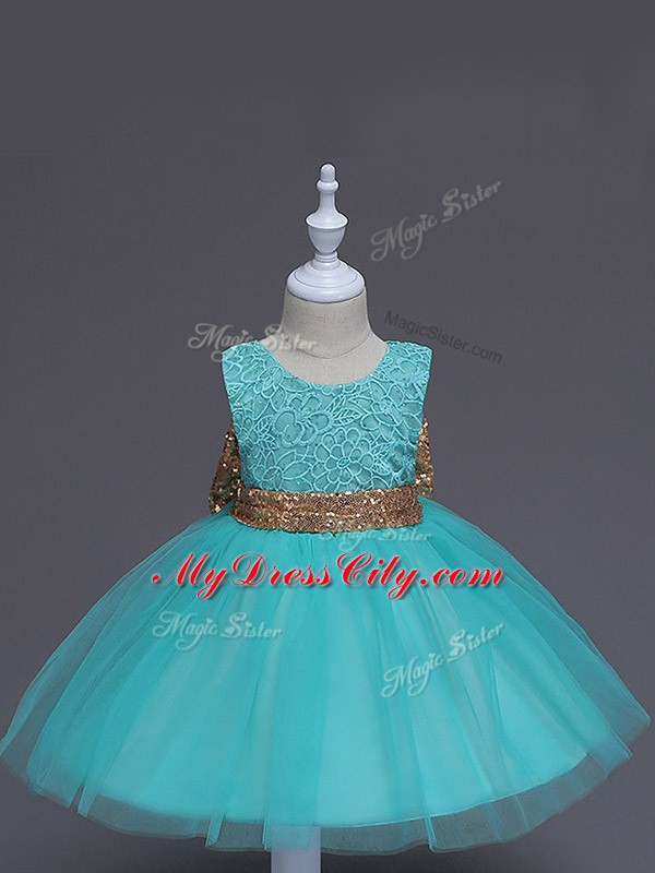 Knee Length Zipper Flower Girl Dresses for Less Aqua Blue for Wedding Party with Lace and Bowknot