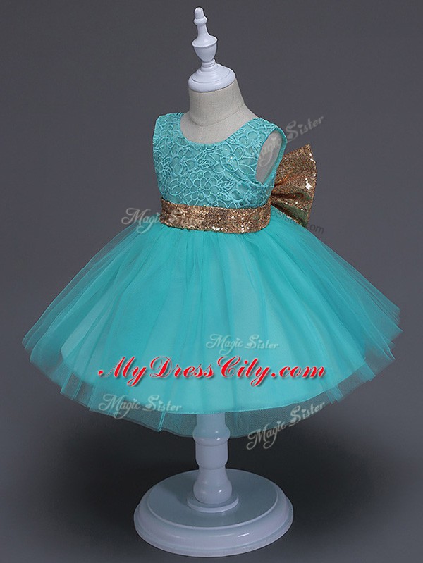 Knee Length Zipper Flower Girl Dresses for Less Aqua Blue for Wedding Party with Lace and Bowknot