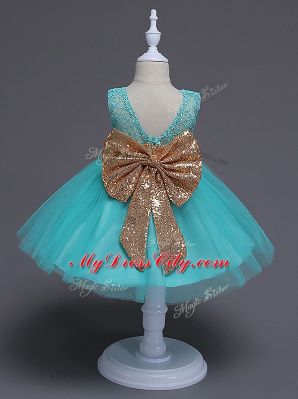 Knee Length Zipper Flower Girl Dresses for Less Aqua Blue for Wedding Party with Lace and Bowknot