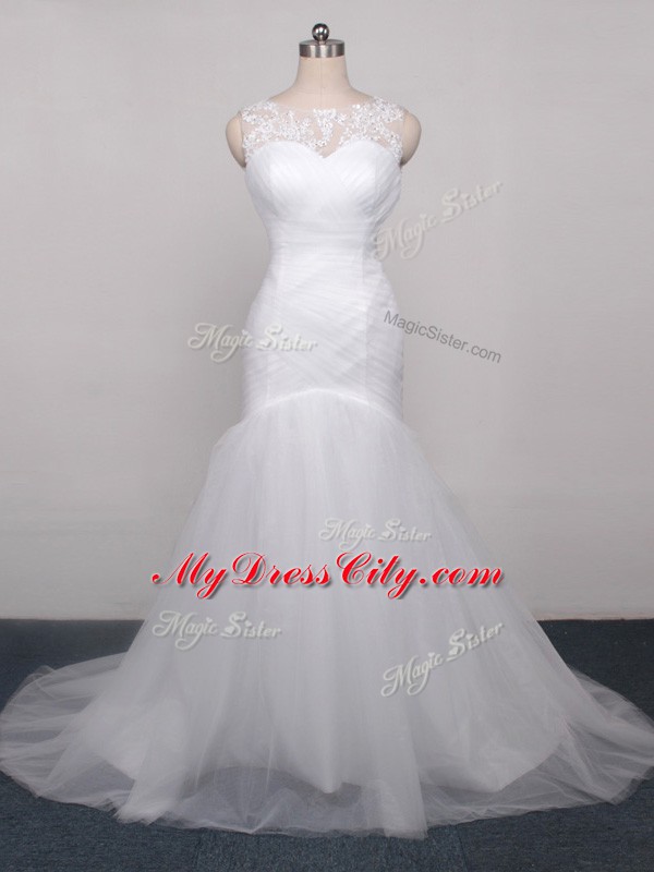 Custom Made White Tulle Lace Up Wedding Dresses Sleeveless Brush Train Lace and Appliques and Ruching