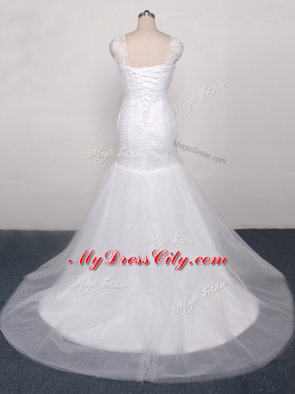 Custom Made White Tulle Lace Up Wedding Dresses Sleeveless Brush Train Lace and Appliques and Ruching