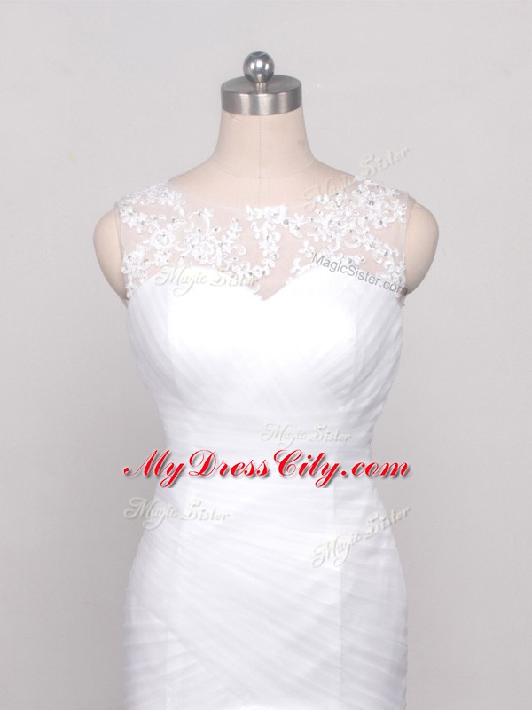 Custom Made White Tulle Lace Up Wedding Dresses Sleeveless Brush Train Lace and Appliques and Ruching