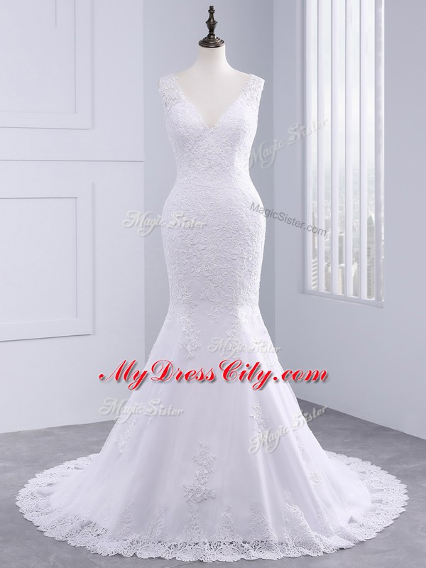 Charming White V-neck Neckline Lace Wedding Dresses Sleeveless Backless