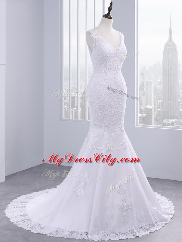 Charming White V-neck Neckline Lace Wedding Dresses Sleeveless Backless