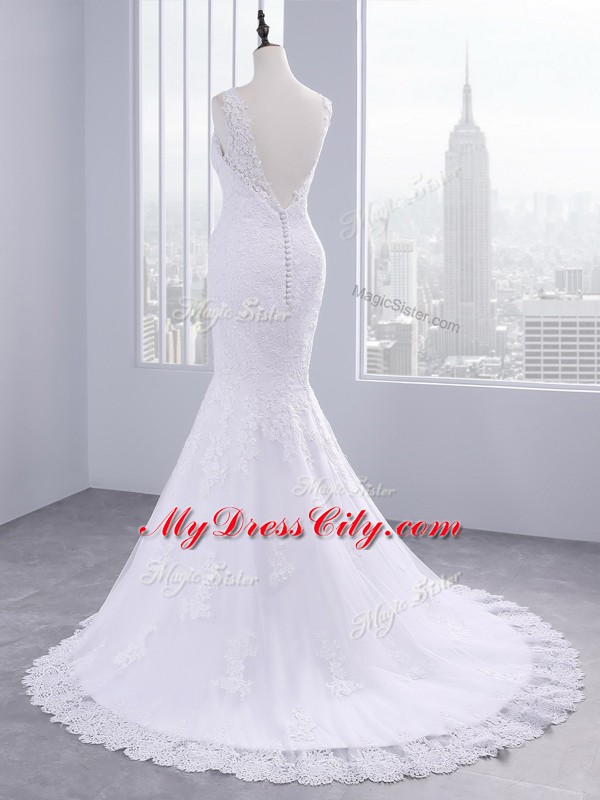 Charming White V-neck Neckline Lace Wedding Dresses Sleeveless Backless