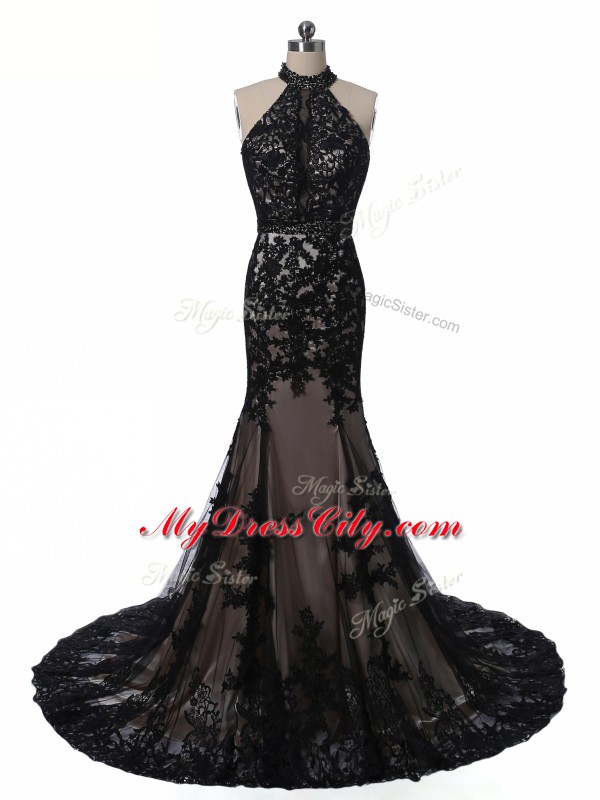 Exceptional Black Backless Halter Top Lace and Appliques Mother Dresses Tulle and Lace Sleeveless Brush Train