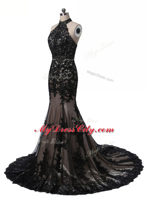 Exceptional Black Backless Halter Top Lace and Appliques Mother Dresses Tulle and Lace Sleeveless Brush Train