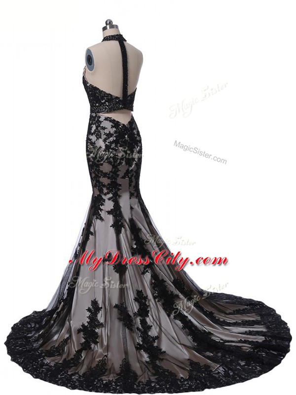 Exceptional Black Backless Halter Top Lace and Appliques Mother Dresses Tulle and Lace Sleeveless Brush Train