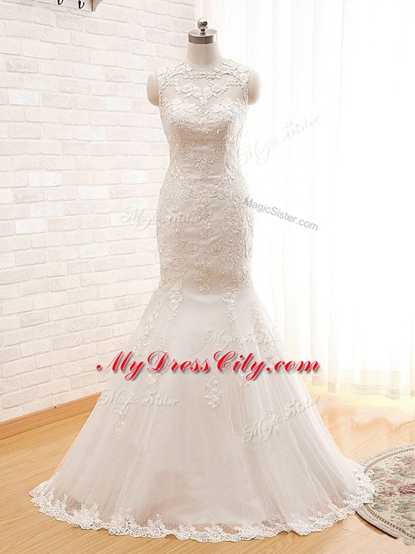 Deluxe White Mermaid High-neck Sleeveless Tulle Floor Length Zipper Lace and Appliques Bridal Gown