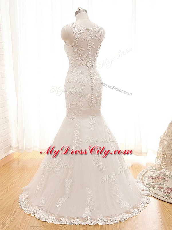 Deluxe White Mermaid High-neck Sleeveless Tulle Floor Length Zipper Lace and Appliques Bridal Gown