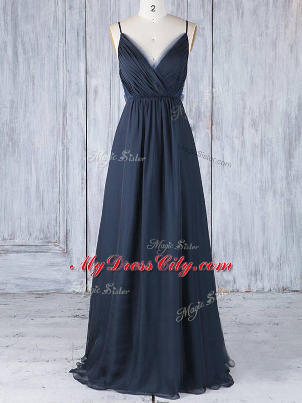 Flare Navy Blue Empire Ruching Bridesmaids Dress Backless Chiffon Sleeveless Floor Length