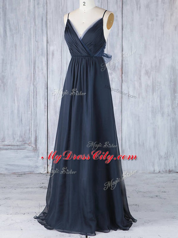 Flare Navy Blue Empire Ruching Bridesmaids Dress Backless Chiffon Sleeveless Floor Length