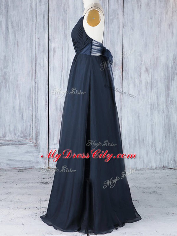 Flare Navy Blue Empire Ruching Bridesmaids Dress Backless Chiffon Sleeveless Floor Length