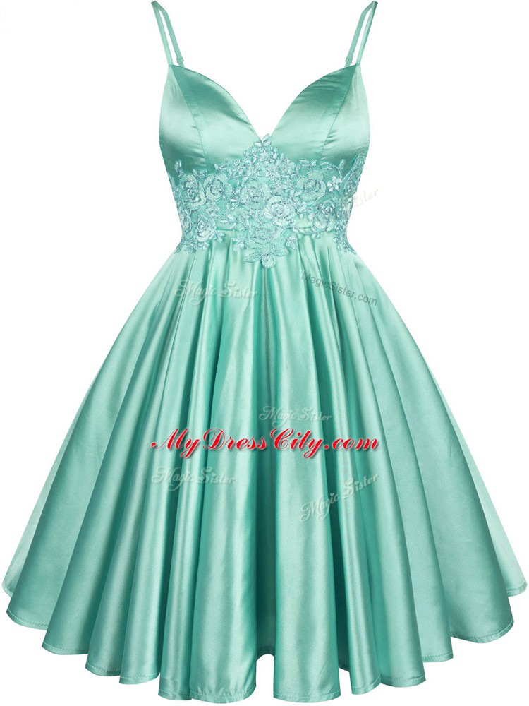 Delicate Knee Length Apple Green Wedding Guest Dresses Spaghetti Straps Sleeveless Lace Up